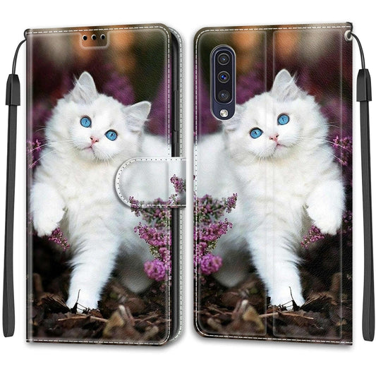 For Samsung Galaxy A50 Voltage Colored Drawing Magnetic Clasp Horizontal Flip PU Leather Case with Holder & Card Slots(C08 Flower Bush Big White Cat) by buy2fix