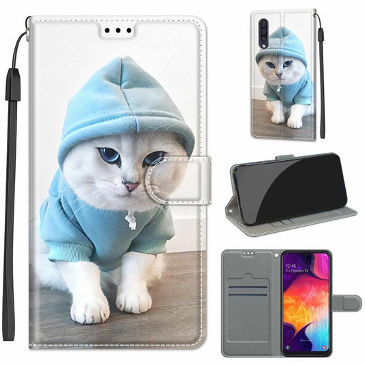 For Samsung Galaxy A50 Voltage Colored Drawing Magnetic Clasp Horizontal Flip PU Leather Case with Holder & Card Slots(C15 Blue Sweater White Cat) by buy2fix