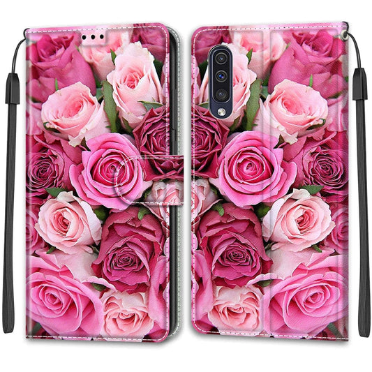 For Samsung Galaxy A50 Voltage Colored Drawing Magnetic Clasp Horizontal Flip PU Leather Case with Holder & Card Slots(C17 Green Leaf Pink Rose) by buy2fix