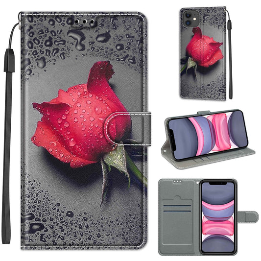 For iPhone 11 Voltage Colored Drawing Magnetic Clasp Horizontal Flip PU Leather Case with Holder & Card Slots (C14 Black Water Drop Rose) by buy2fix