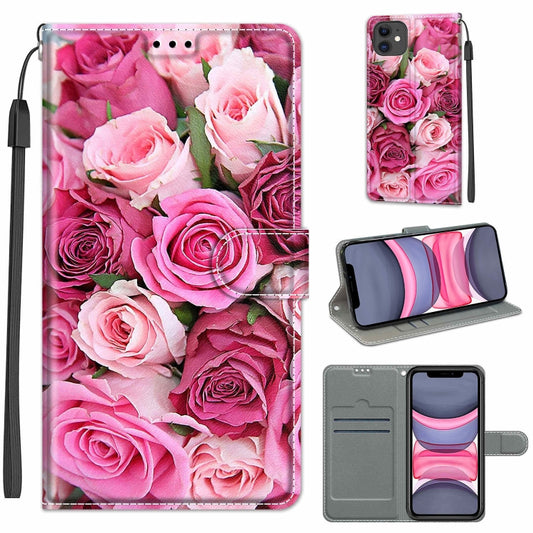 For iPhone 11 Voltage Colored Drawing Magnetic Clasp Horizontal Flip PU Leather Case with Holder & Card Slots (C17 Green Leaf Pink Rose) by buy2fix