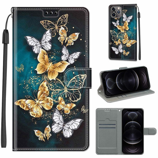 For iPhone 12 / 12 Pro Voltage Colored Drawing Magnetic Clasp Horizontal Flip PU Leather Case with Holder & Card Slots(C20 Gold Silver Flying Butterflies) by buy2fix