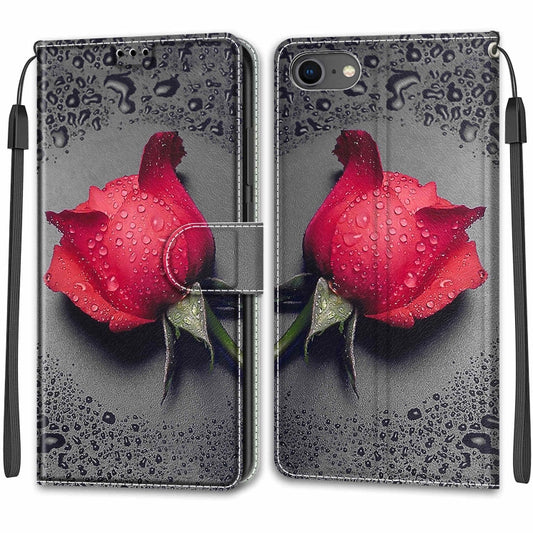 For iPhone SE 2022 / SE 2020 / 8 / 7 Voltage Colored Drawing Magnetic Clasp Horizontal Flip PU Leather Case with Holder & Card Slots(C14 Black Water Drop Rose) by buy2fix