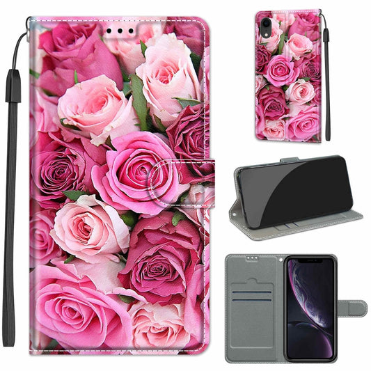 For iPhone XR Voltage Colored Drawing Magnetic Clasp Horizontal Flip PU Leather Case with Holder & Card Slots(C17 Green Leaf Pink Rose) by buy2fix