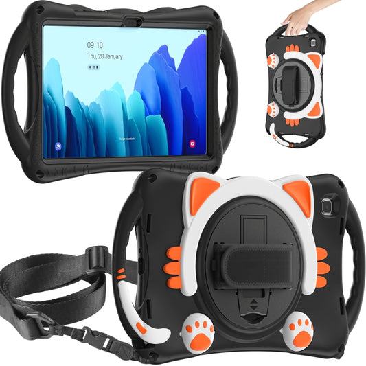 For Samsung Galaxy Tab A7 10.4 2020 SM-T500 Cute Cat King Kids Shockproof Silicone Tablet Case with Holder & Shoulder Strap & Handle(Black Orange) by buy2fix