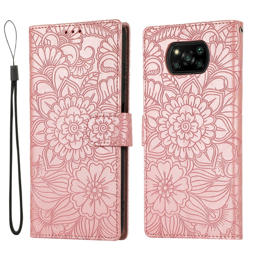 For Xiaomi POCO X3 NFC / X3 Pro / X3 Skin Feel Embossed Sunflower Horizontal Flip Leather Case with Holder & Card Slots & Wallet & Lanyard(Rose Gold) by buy2fix