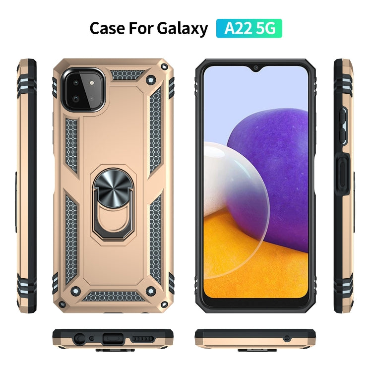 For Samsung Galaxy A22 5G Shockproof TPU + PC Protective Case with 360 Degree Rotating Holder(Gold) by buy2fix