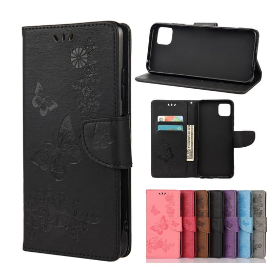 For Samsung Galaxy A22 5G Vintage Embossed Floral Butterfly Pattern Horizontal Flip Leather Case with Card Slot & Holder & Wallet & Lanyard(Black)