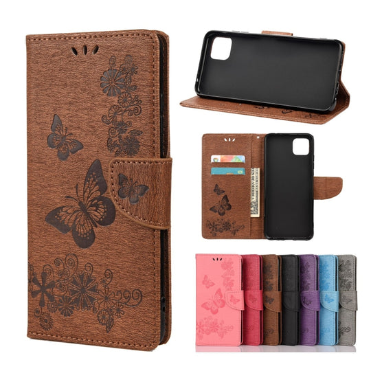 For Samsung Galaxy A22 5G Vintage Embossed Floral Butterfly Pattern Horizontal Flip Leather Case with Card Slot & Holder & Wallet & Lanyard(Brown)