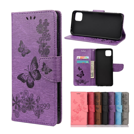 For Samsung Galaxy A22 5G Vintage Embossed Floral Butterfly Pattern Horizontal Flip Leather Case with Card Slot & Holder & Wallet & Lanyard(Purple) by buy2fix