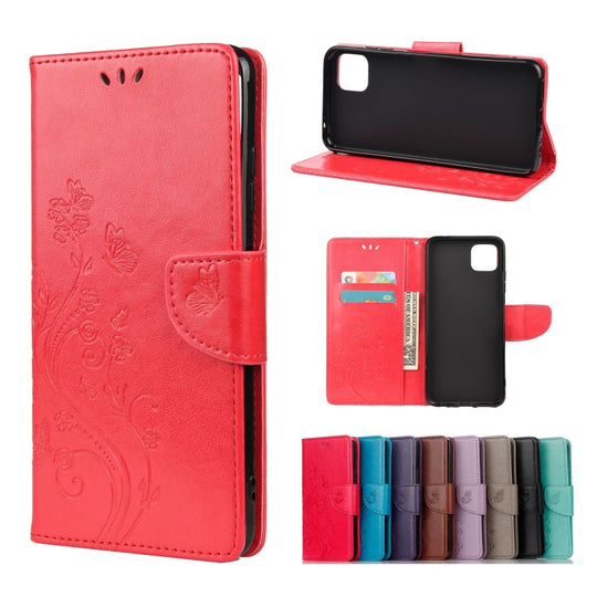 For Samsung Galaxy A22 5G Butterfly Flower Pattern Horizontal Flip Leather Case with Holder & Card Slots & Wallet(Red)