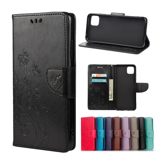 For Samsung Galaxy A22 5G Butterfly Flower Pattern Horizontal Flip Leather Case with Holder & Card Slots & Wallet(Black)
