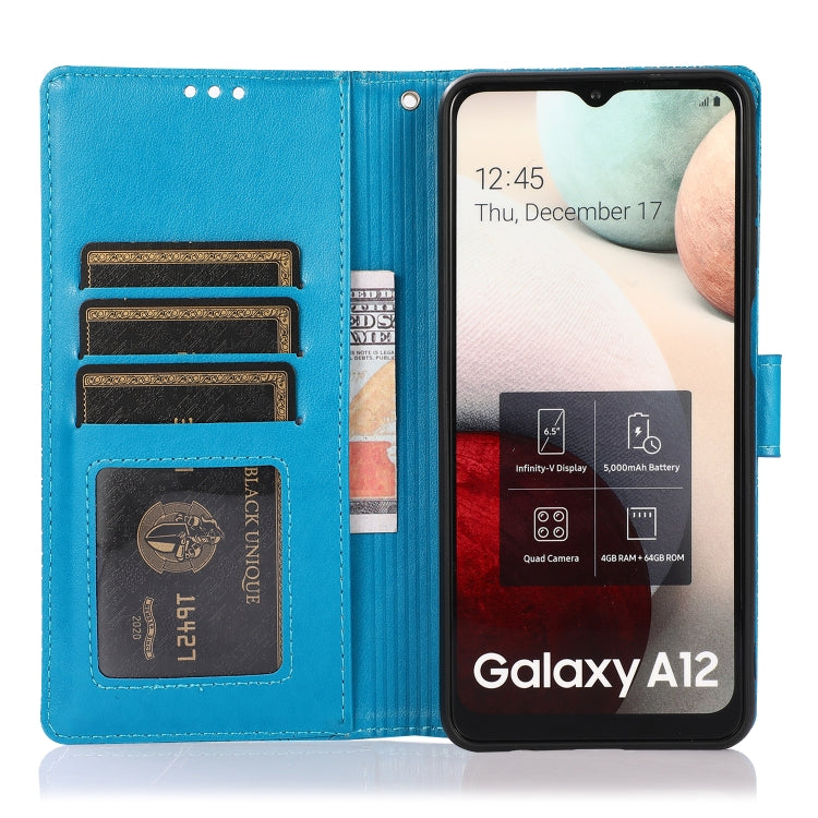 For Samsung Galaxy A12 Skin Feel Embossed Sunflower Horizontal Flip Leather Case with Holder & Card Slots & Wallet & Lanyard(Blue) by buy2fix
