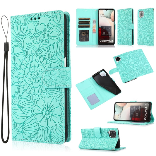 For Samsung Galaxy A12 Skin Feel Embossed Sunflower Horizontal Flip Leather Case with Holder & Card Slots & Wallet & Lanyard(Green) by buy2fix