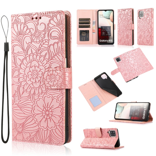 For Samsung Galaxy A12 Skin Feel Embossed Sunflower Horizontal Flip Leather Case with Holder & Card Slots & Wallet & Lanyard(Rose Gold) by buy2fix