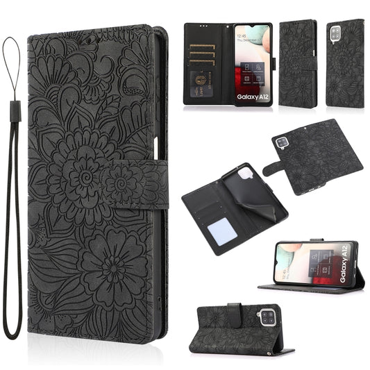 For Samsung Galaxy A12 Skin Feel Embossed Sunflower Horizontal Flip Leather Case with Holder & Card Slots & Wallet & Lanyard(Black) by buy2fix