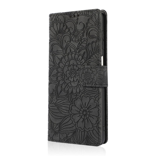 For Samsung Galaxy A12 Skin Feel Embossed Sunflower Horizontal Flip Leather Case with Holder & Card Slots & Wallet & Lanyard(Black) by buy2fix