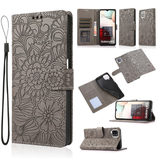 For Samsung Galaxy A12 Skin Feel Embossed Sunflower Horizontal Flip Leather Case with Holder & Card Slots & Wallet & Lanyard(Gray) by buy2fix