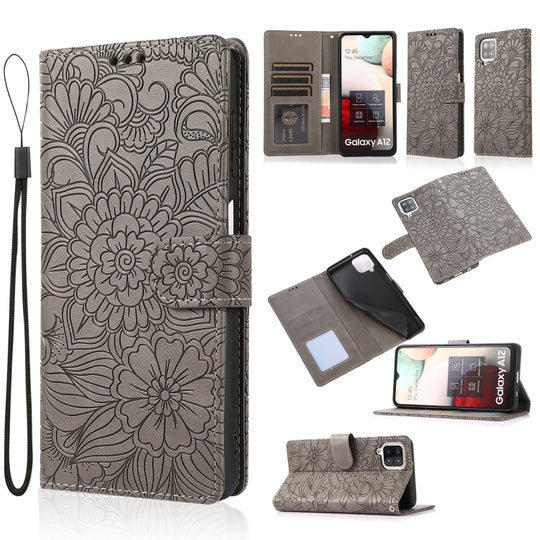 For Samsung Galaxy A12 Skin Feel Embossed Sunflower Horizontal Flip Leather Case with Holder & Card Slots & Wallet & Lanyard(Gray)