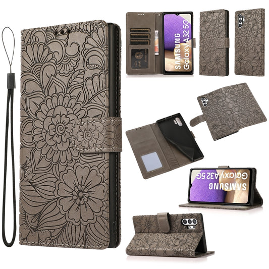 For Samsung Galaxy A32 5G Skin Feel Embossed Sunflower Horizontal Flip Leather Case with Holder & Card Slots & Wallet & Lanyard(Gray) by buy2fix