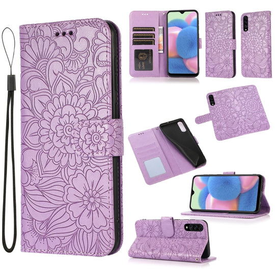 For Samsung Galaxy A30s Skin Feel Embossed Sunflower Horizontal Flip Leather Case with Holder & Card Slots & Wallet & Lanyard(Purple)