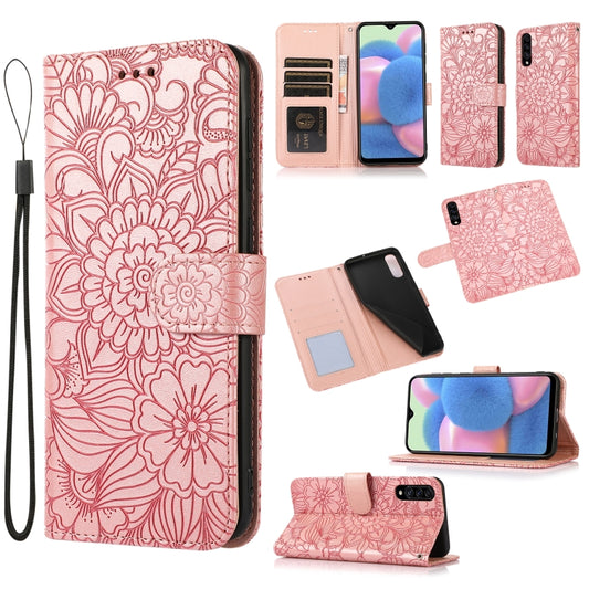 For Samsung Galaxy A30s Skin Feel Embossed Sunflower Horizontal Flip Leather Case with Holder & Card Slots & Wallet & Lanyard(Rose Gold) by buy2fix