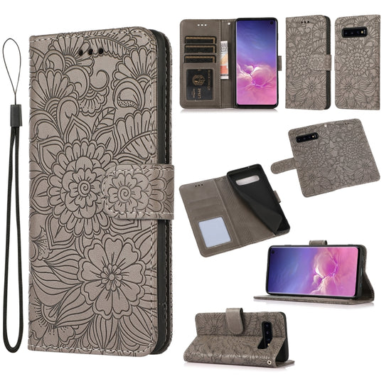 For Samsung Galaxy S10+ Skin Feel Embossed Sunflower Horizontal Flip Leather Case with Holder & Card Slots & Wallet & Lanyard(Gray)