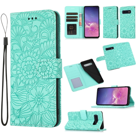 For Samsung Galaxy S10e Skin Feel Embossed Sunflower Horizontal Flip Leather Case with Holder & Card Slots & Wallet & Lanyard(Green)