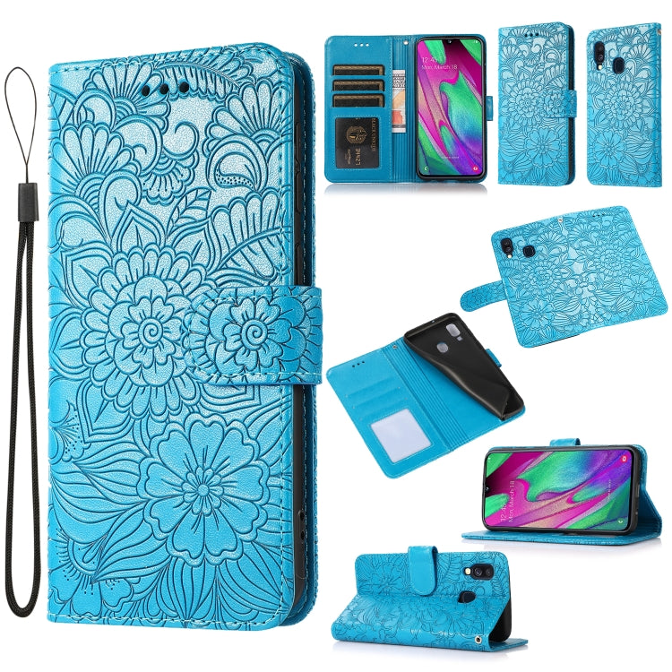 For Samsung Galaxy A40 Skin Feel Embossed Sunflower Horizontal Flip Leather Case with Holder & Card Slots & Wallet & Lanyard(Blue) by buy2fix