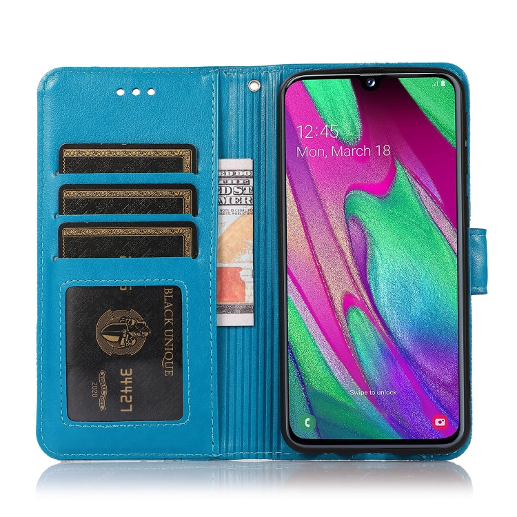 For Samsung Galaxy A40 Skin Feel Embossed Sunflower Horizontal Flip Leather Case with Holder & Card Slots & Wallet & Lanyard(Blue) by buy2fix
