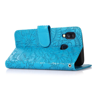 For Samsung Galaxy A40 Skin Feel Embossed Sunflower Horizontal Flip Leather Case with Holder & Card Slots & Wallet & Lanyard(Blue) by buy2fix