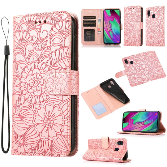 For Samsung Galaxy A40 Skin Feel Embossed Sunflower Horizontal Flip Leather Case with Holder & Card Slots & Wallet & Lanyard(Rose Gold)