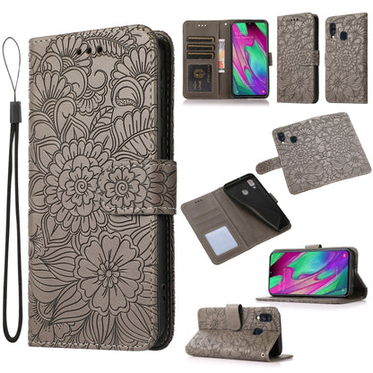 For Samsung Galaxy A40 Skin Feel Embossed Sunflower Horizontal Flip Leather Case with Holder & Card Slots & Wallet & Lanyard(Gray) by buy2fix