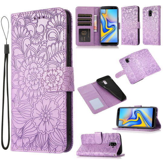 For Samsung Galaxy J6 Skin Feel Embossed Sunflower Horizontal Flip Leather Case with Holder & Card Slots & Wallet & Lanyard(Purple)