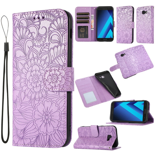 For Samsung Galaxy A5 (2017) Skin Feel Embossed Sunflower Horizontal Flip Leather Case with Holder & Card Slots & Wallet & Lanyard(Purple)