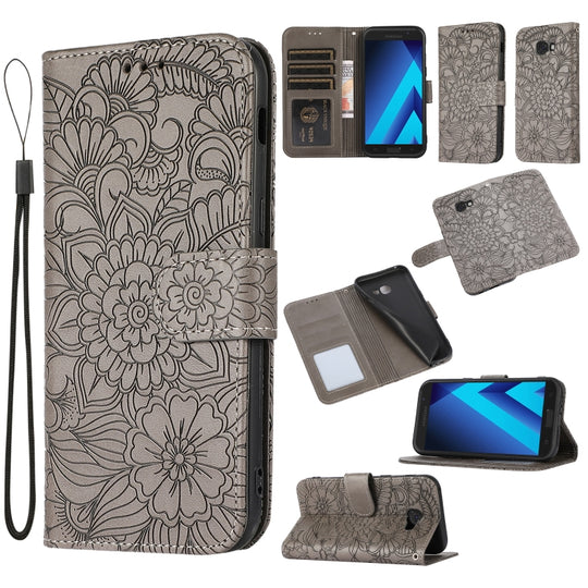 For Samsung Galaxy A5 (2017) Skin Feel Embossed Sunflower Horizontal Flip Leather Case with Holder & Card Slots & Wallet & Lanyard(Gray)