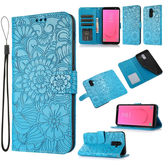 For Samsung Galaxy J8 Skin Feel Embossed Sunflower Horizontal Flip Leather Case with Holder & Card Slots & Wallet & Lanyard(Blue)