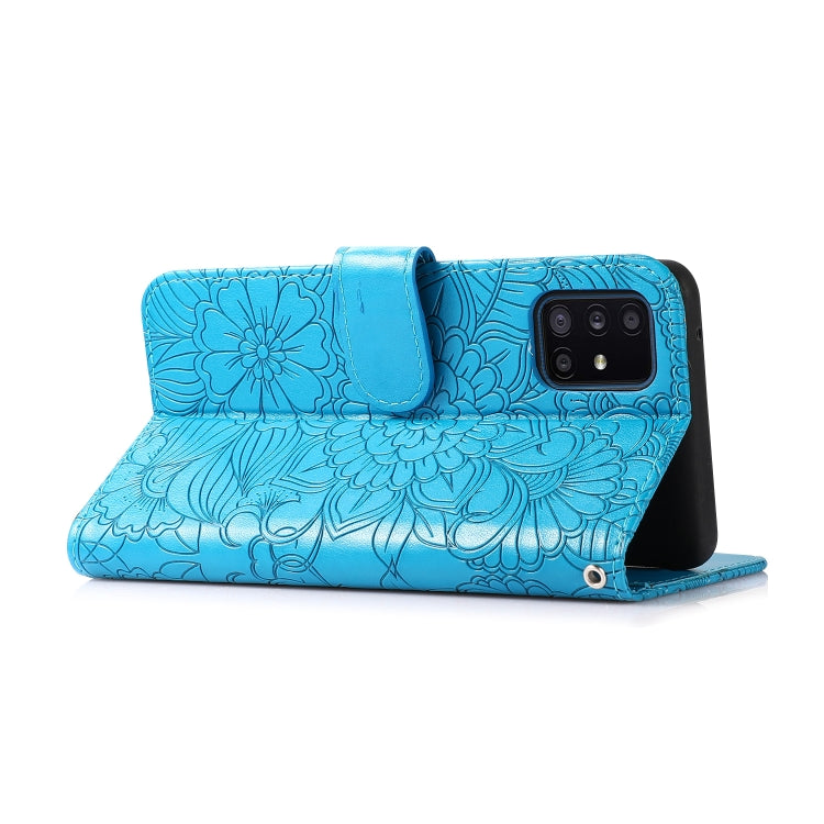 For Samsung Galaxy A51 Skin Feel Embossed Sunflower Horizontal Flip Leather Case with Holder & Card Slots & Wallet & Lanyard(Blue) by buy2fix