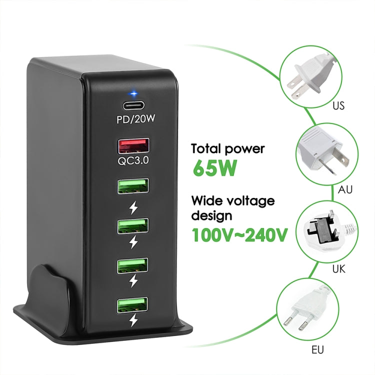 6 in 1 65W PD USB-C / Type-C + QC 3.0 USB + 4 USB Multi-port Travel Charger, UK Plug(Black) - Mobile Accessories by buy2fix | Online Shopping UK | buy2fix