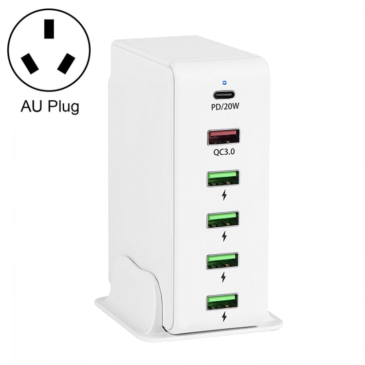 6 in 1 65W PD USB-C / Type-C + QC 3.0 USB + 4 USB Multi-port Travel Charger, AU Plug(White) - Mobile Accessories by buy2fix | Online Shopping UK | buy2fix