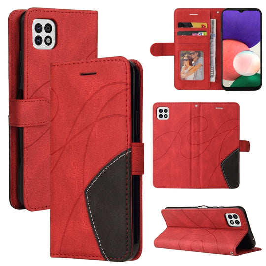For Samsung Galaxy A22 5G Dual-color Splicing Horizontal Flip PU Leather Case with Holder & Card Slots & Wallet(Red)