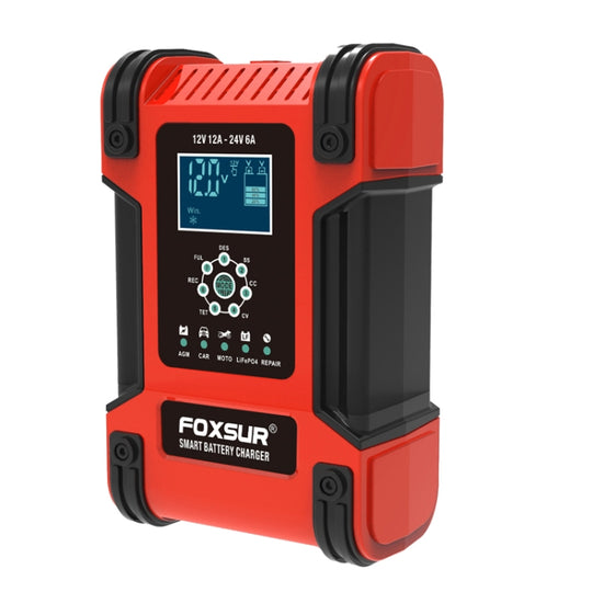 FOXSUR 12A / 12V / 24V Auto / Motorrad 7-stufiges AGM-Ladegerät für Blei-Säure-Batterien, Steckertyp: UK-Stecker (rot)