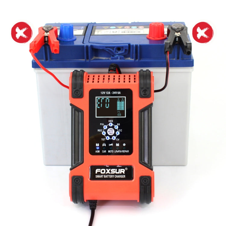 FOXSUR 12A / 12V / 24V Car / Motorcycle 7-stage Lead-acid Battery AGM Charger, Plug Type:UK Plug(Red) - In Car by FOXSUR | Online Shopping UK | buy2fix