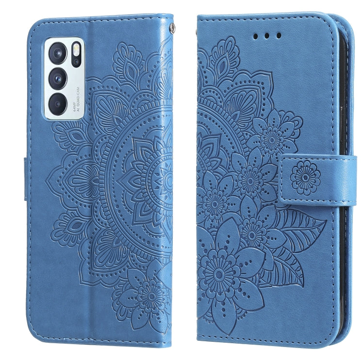 For OPPO Reno 6 Pro 5G 7-petal Flowers Embossing Pattern Horizontal Flip PU Leather Case with Holder & Card Slots & Wallet & Photo Frame(Blue) - OPPO Cases by buy2fix | Online Shopping UK | buy2fix