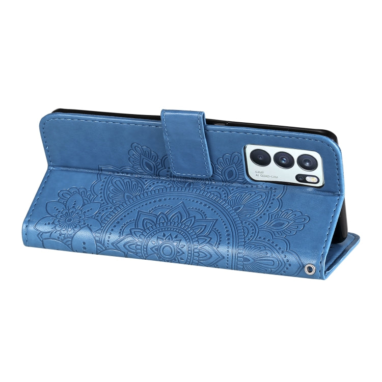 For OPPO Reno 6 Pro 5G 7-petal Flowers Embossing Pattern Horizontal Flip PU Leather Case with Holder & Card Slots & Wallet & Photo Frame(Blue) - OPPO Cases by buy2fix | Online Shopping UK | buy2fix