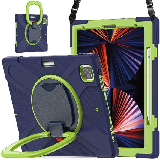 For iPad Pro 12.9 2022 / 2021 Silicone + PC Protective Tablet Case with Holder & Shoulder Strap(Navy Blue + Lime) by buy2fix