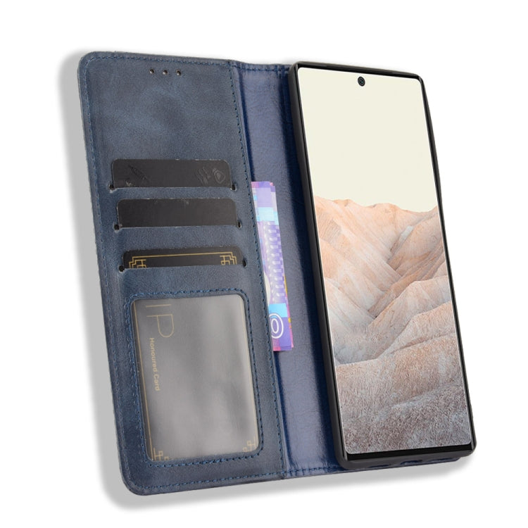 For Google Pixel 6 Magnetic Buckle Retro Crazy Horse Texture Horizontal Flip Leather Case with Holder & Card Slots & Photo Frame(Blue) - Google Cases by buy2fix | Online Shopping UK | buy2fix