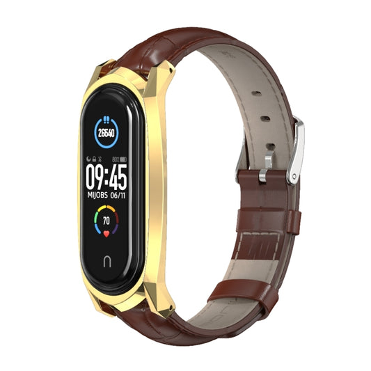 For Xiaomi Mi Band 6 / 5 / 4 / 3 Mijobs GT First Layer Cowhide Watch Band(Bamboo Joint Coffee+Gold) by MIJOBS