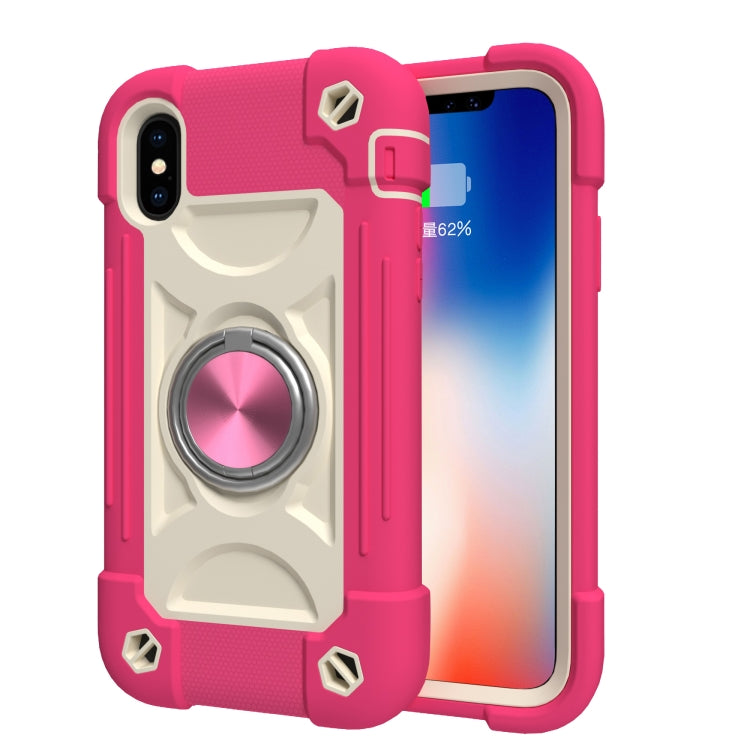 For iPhone X / XS Shockproof Silicone + PC Protective Case with Dual-Ring Holder(Rose Red) - More iPhone Cases by buy2fix | Online Shopping UK | buy2fix