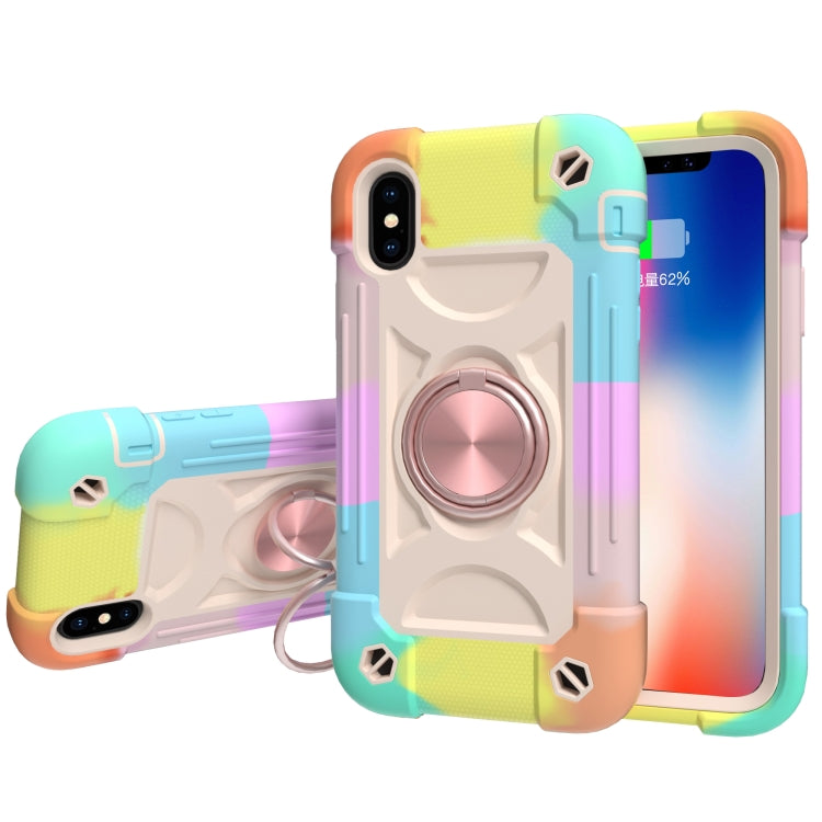 For iPhone X / XS Shockproof Silicone + PC Protective Case with Dual-Ring Holder(Colorful Rose Gold) - More iPhone Cases by buy2fix | Online Shopping UK | buy2fix